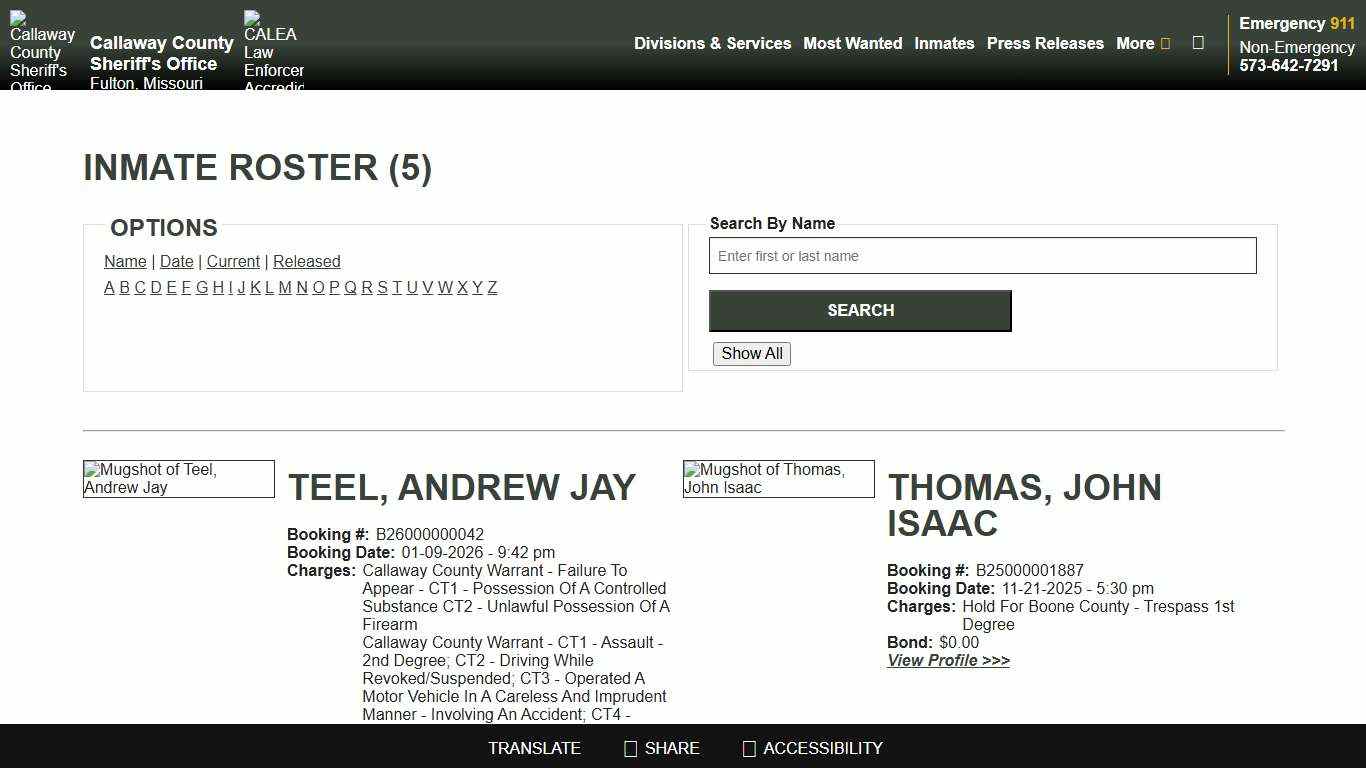 Inmate Roster - Current Inmates Alpha T - Callaway County Sheriff's Office, Missouri